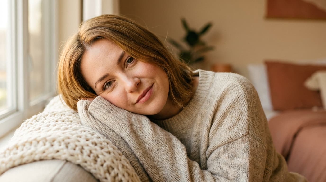 Einladendes, warmes Portrait im Strickpulli